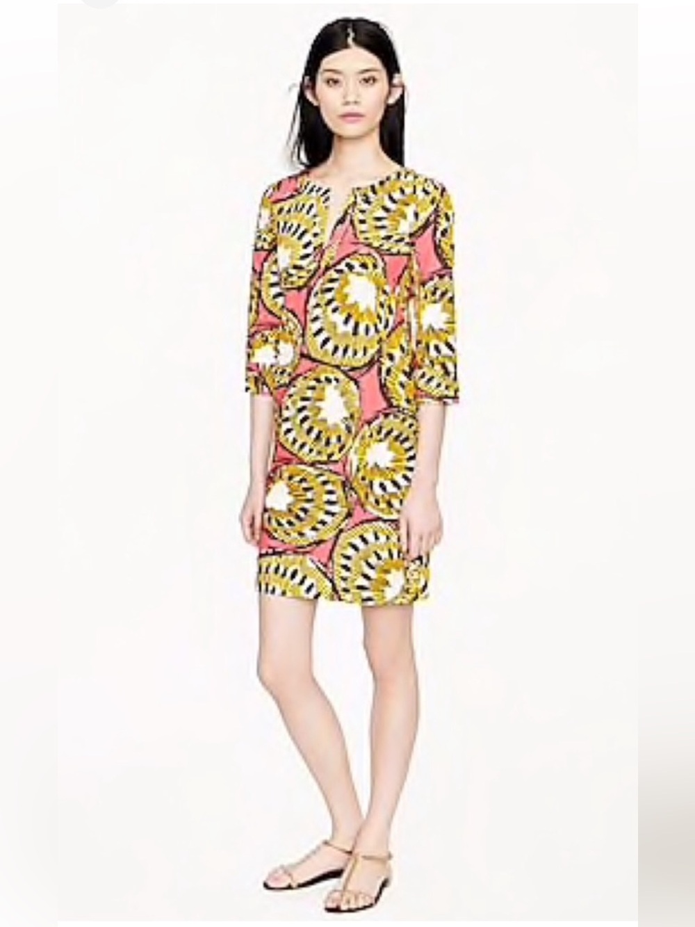 J.‎ Crew Ratti Electric Kiwi Cotton V-neck 3/4 Sleeve Tunic Shift Dress Size 2 - Picture 7 of 7